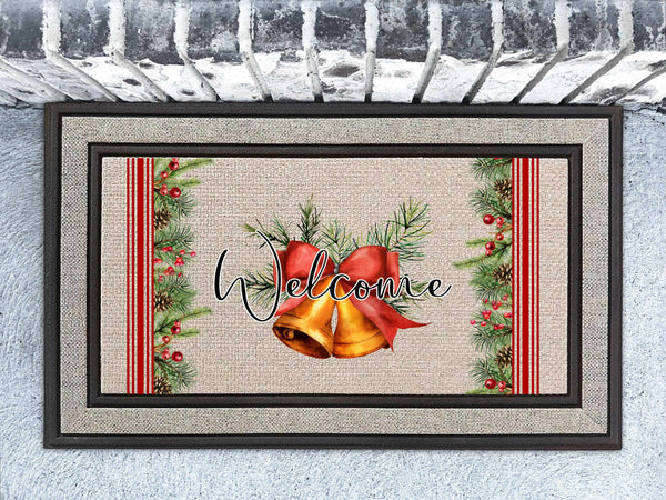 Christmas Bell Door Mat, Monogrammed 18x30 or 30x47, Indoor Outdoor Rug, Housewarming Gift, Rubber Backed, Custom