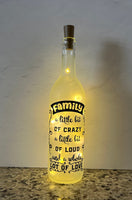 Family a Little Bit of Crazy, Lighted Wine Bottle. Clear, Frosted, Cobalt Blue, Battery Powered LED, Gift for him/her, Best Friend Present