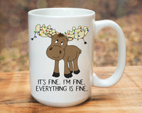 It's Fine. I'm Fine.  Moose with Tangled Lights Mug, 15 Oz Cup, Gift for Her, Present for Him, Coffee, Tea, Cocoa