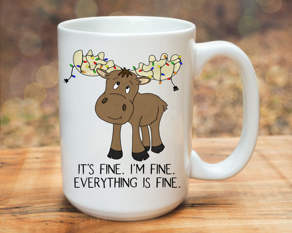 It's Fine. I'm Fine.  Moose with Tangled Lights Mug, 15 Oz Cup, Gift for Her, Present for Him, Coffee, Tea, Cocoa