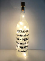 Our Laughs Are Limitless, Lighted Wine Bottle. Clear, Frosted, Cobalt Blue