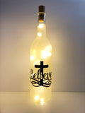 Believe, Cross Lighted Wine Bottle. Clear, Frosted, Cobalt Blue