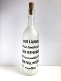 Our Laughs Are Limitless, Lighted Wine Bottle. Clear, Frosted, Cobalt Blue