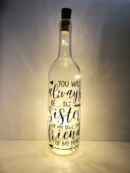 Sister of My Soul Friend of My Heart Lighted Wine Bottle. Clear, Frosted, Cobalt Blue