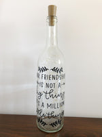 Our Friendship Lighted Wine Bottle. Clear, Frosted, Cobalt Blue