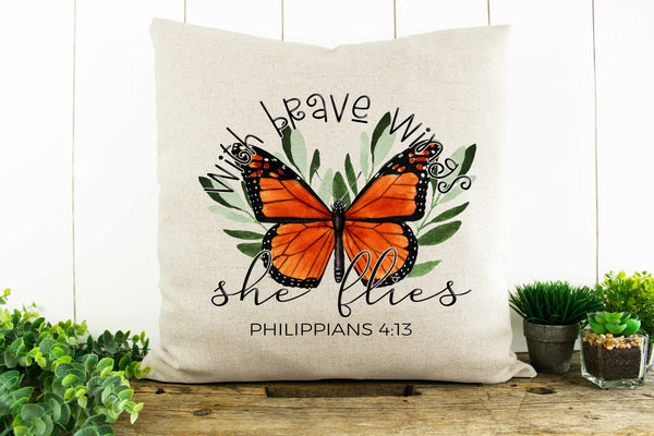 With Brave Wings She Flies, Butterfly Decorative Pillow