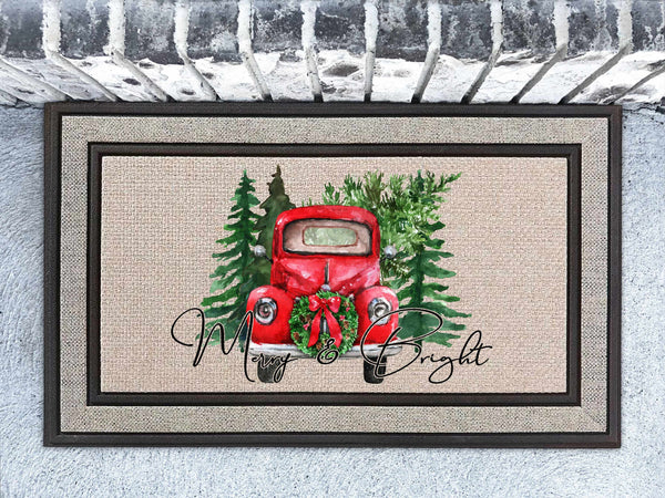 Merry and Bright Christmas Red Truck Doormat