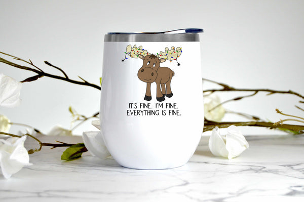 I'm Fine, Reindeer, Christmas Lights wine tumbler