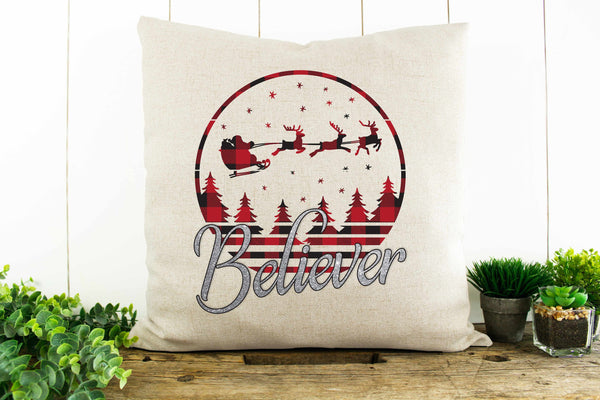 Believer, Christmas, Santa's Sleigh Decorative Pillow
