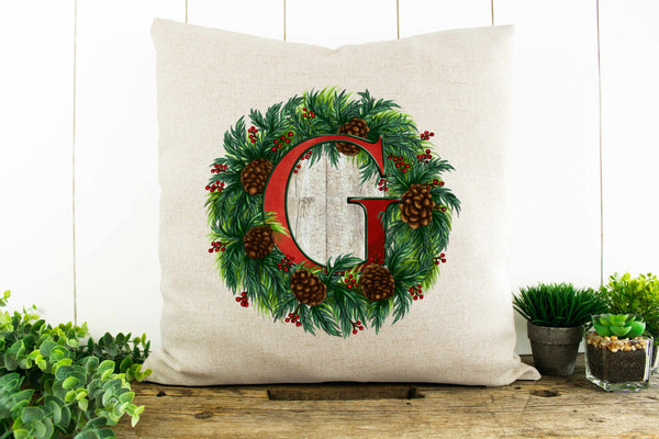 Pinecone Wreath Monogram, Custom, Personalized Decorative Pillow