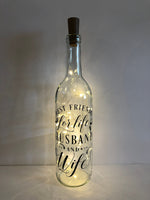 Husband and Wife Best Friends for Life Lighted Wine Bottle. Clear, Frosted, Cobalt Blue