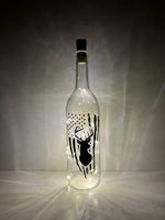 Deer Distressed Flag, Lighted Wine Bottle. Clear, Frosted, Cobalt Blue, Battery Powered LED, Gift for him/her, Best Friend Present