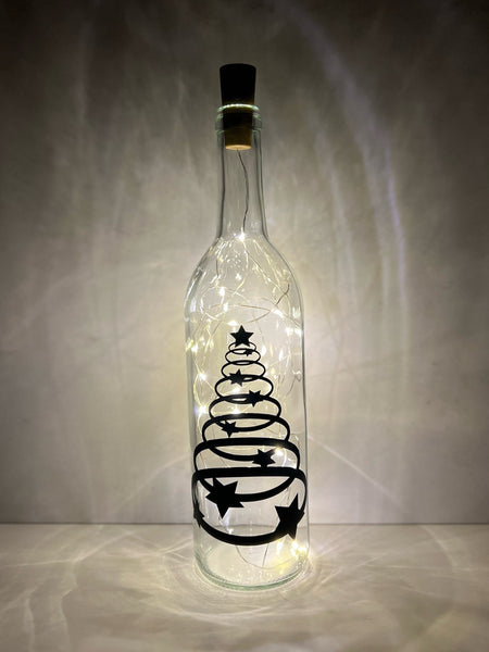 Star and Circle Christmas Tree Lighted Wine Bottle. Clear, Frosted, Cobalt Blue, Battery Powered LED, Gift for him/her, Best Friend Present