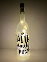 Faith Family Farm, Lighted Wine Bottle. Clear, Frosted, Cobalt Blue, Battery Powered LED, Gift for him/her, Best Friend Present